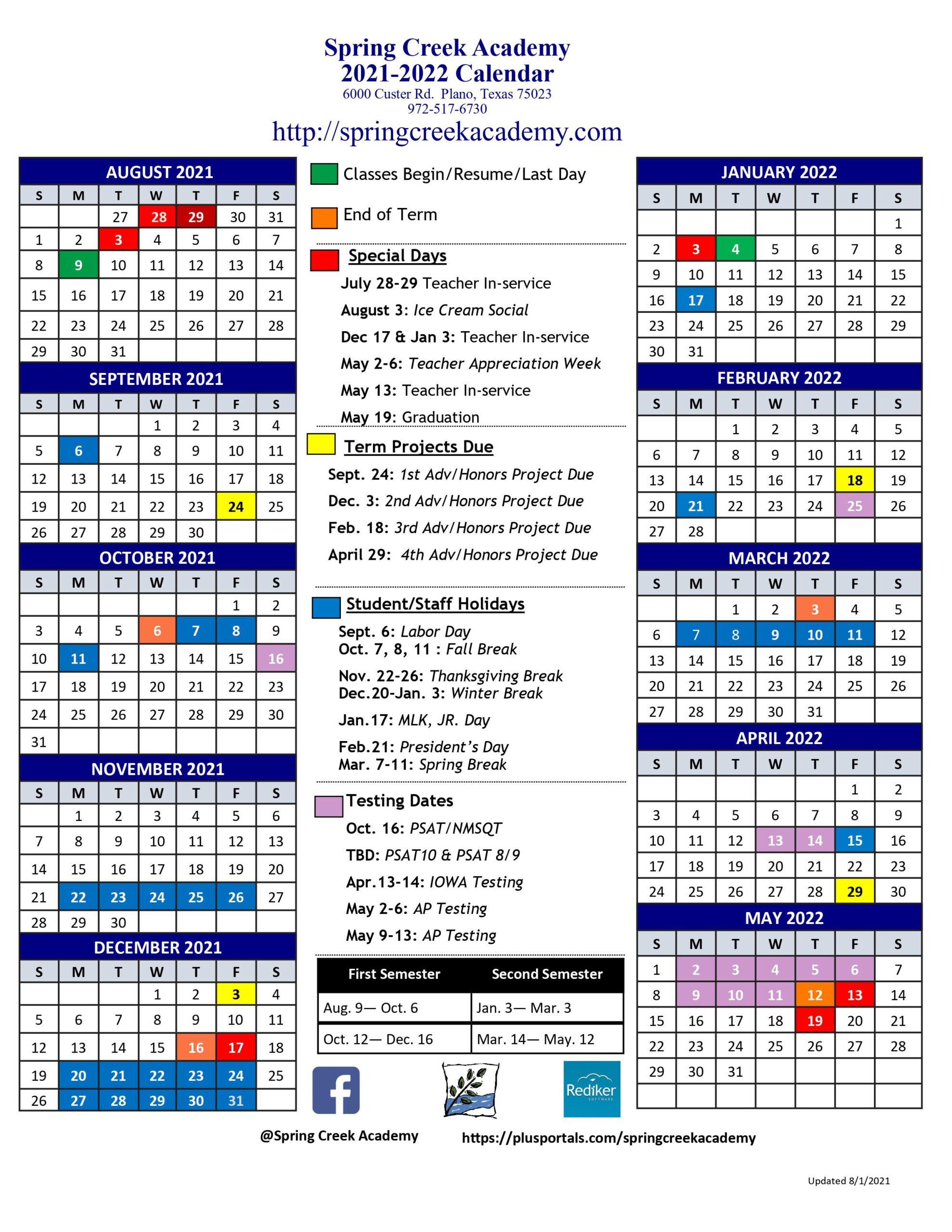 Academic Calendar Spring Creek Academy